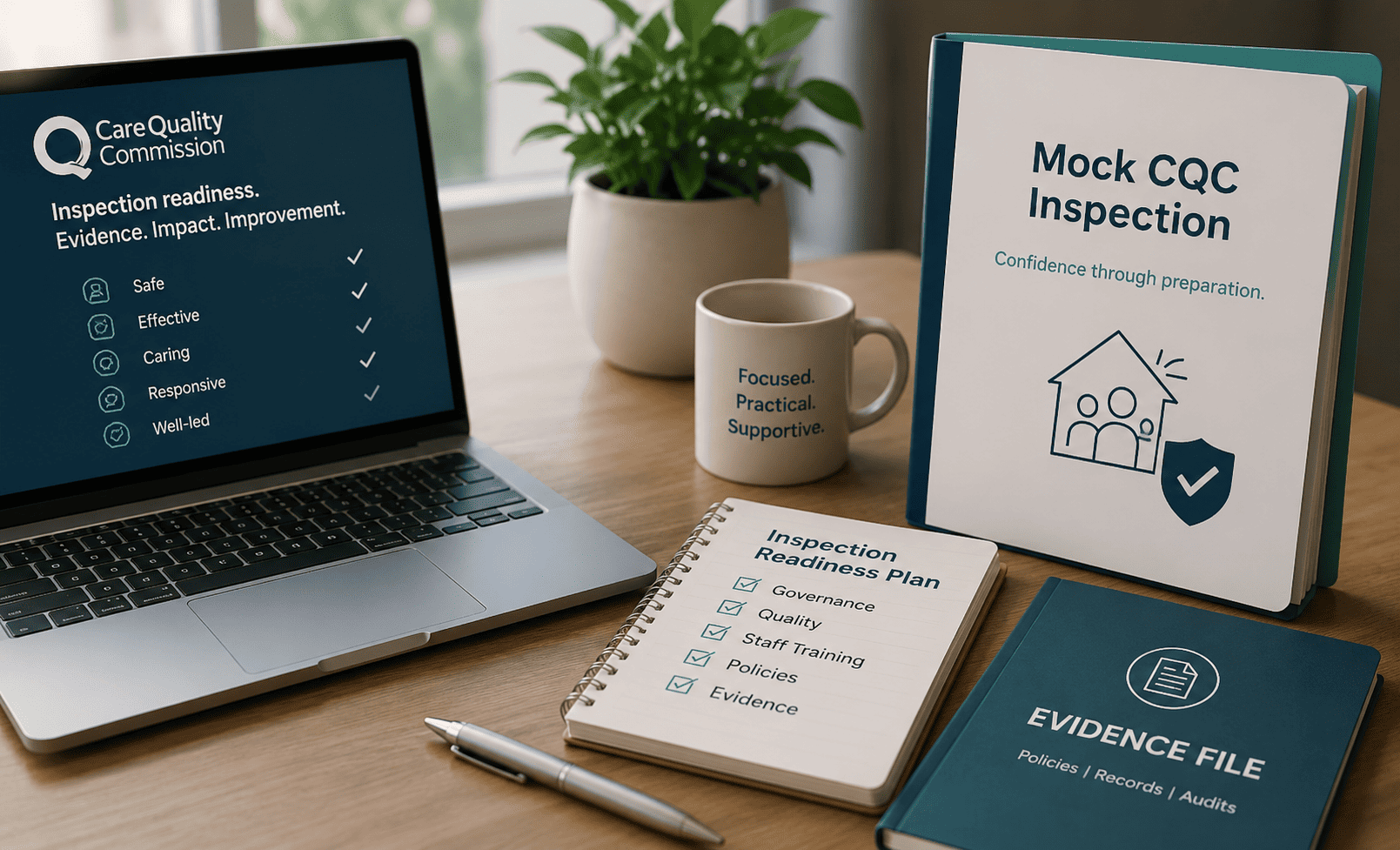 Mock CQC inspection planning workspace with compliance documents